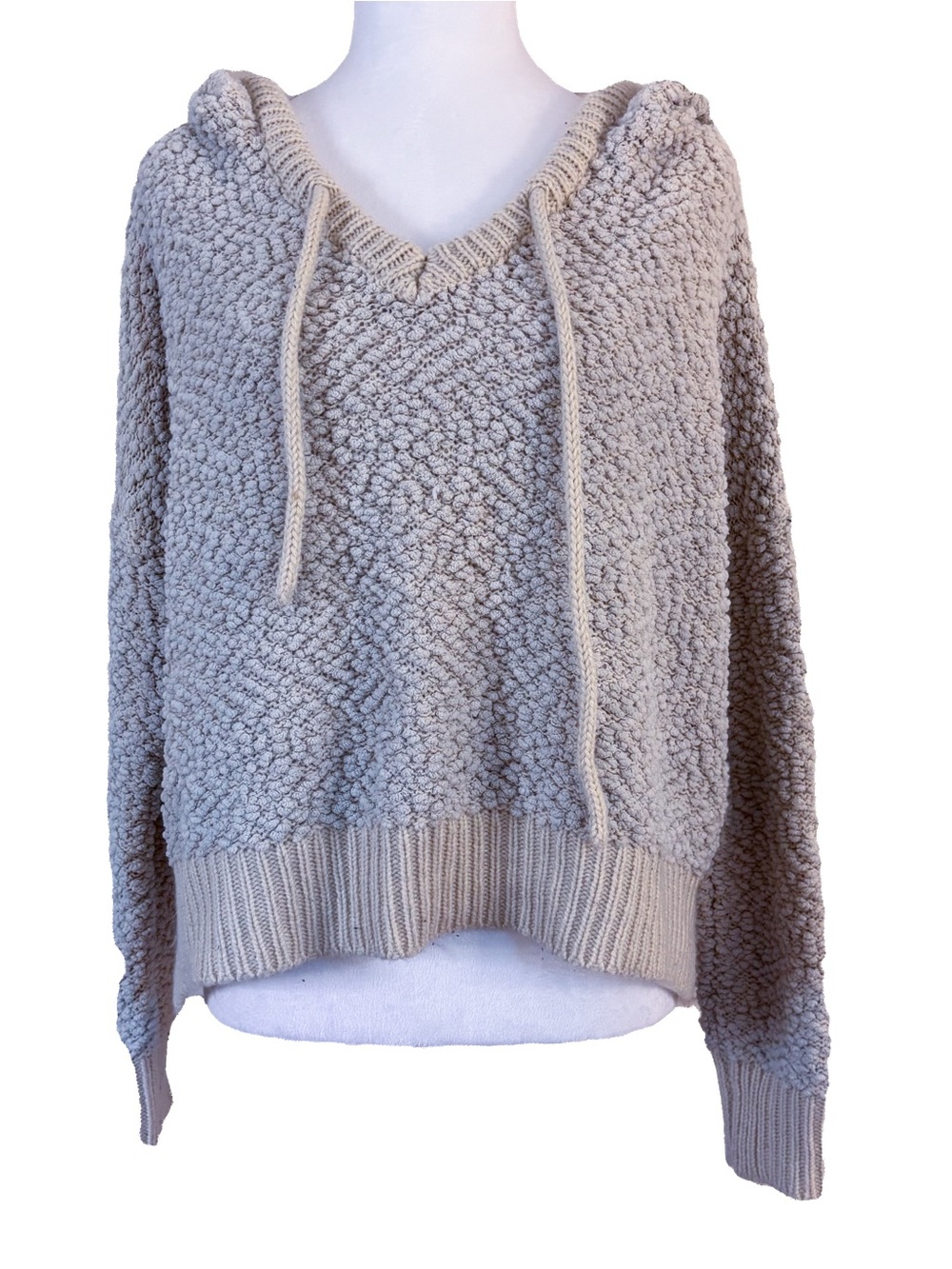 POL Cream Textured V-Neck Hoodie Sweater Cozy Boho Knit Small